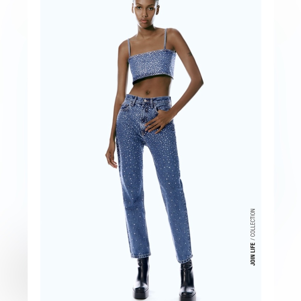Zara Blue Straight Leg Jeans with Embellishments